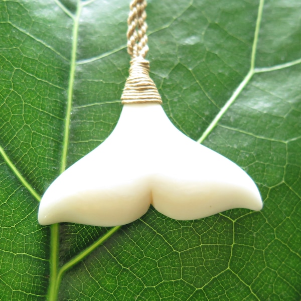 Hawaiian White Buffalo Bone Tribal Whale Tail Necklace Choker with Adjustable Cotton Cord