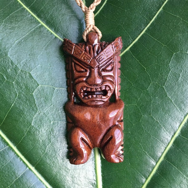 Koa Wood Hawaiian Tiki Man Polynesian Necklace Pendant Jewelry with Adjustable Cord