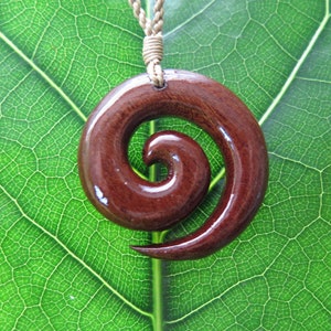 Natural Koa Wood Simple Spiral Hawaiian Jewelry Tribal Pendant with Adjustable Cord