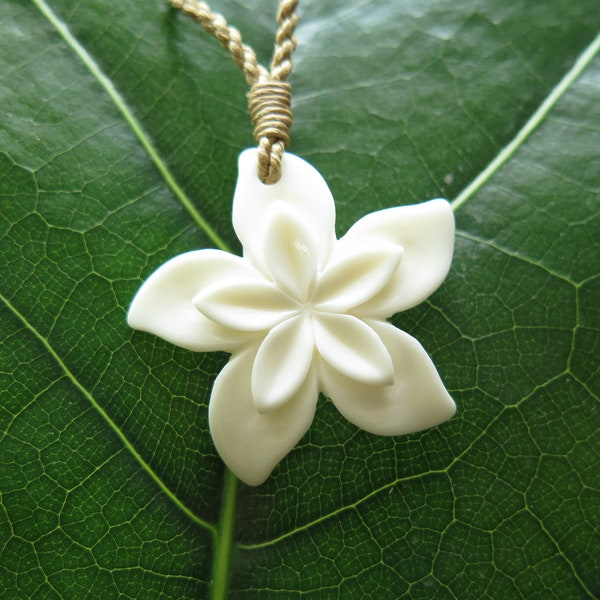 Carved Double Plumeria Hawaiian Flower White Buffalo Bone Carved Pendant with Adjustable Braided Cord Necklace