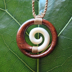 All Natural Koa Wood And Buffalo Bone Hawaiian Jewelry Thin Spiral Tribal Pendant with Adjustable Cord