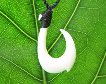Maori Hei Matau White Fish Hook Buffalo Bone Necklace Choker with Adjustable Cotton Cord