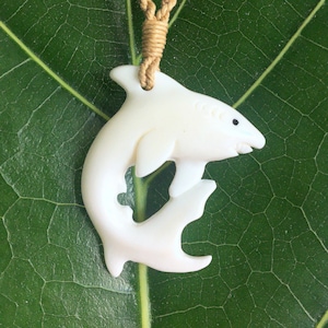 Handmade Buffalo Bone Carved Hawaiian Shark Pendant Jewelry with Adjustable Cord