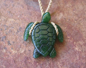 Genuine Green Jade Turtle Honu Design Adjustable Brown Hemp Cord Pendant