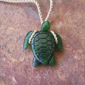 Genuine Green Jade Turtle Honu Design Adjustable Brown Hemp Cord Pendant