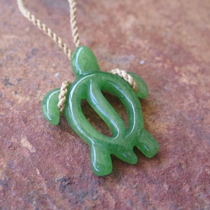 Genuine Green Jade Turtle Honu Design Adjustable Brown Hemp Cord Pendant