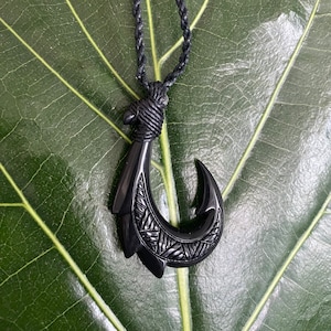Genuine Black Jade Nephrite Carved Fish Hook Adjustable Black Hemp Cord Pendant