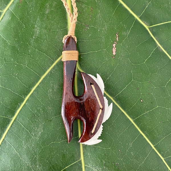 Sono Wood w/ Shark Tooth Hawaiian Jewelry Ancient Weapon Lei O Mano Pendant with Adjustable Cord