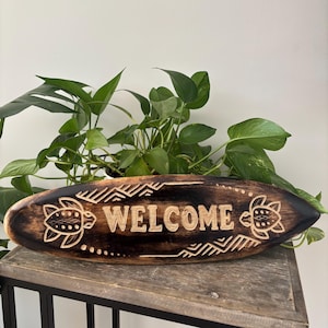 Hawaiian Hand Made Wall Hanging 20&quot; Carved Teakwood Surfboard Home Decor Engraved Welcome Turtle