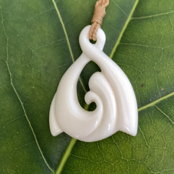 Ocean Waves Carved Buffalo Bone  Hawaiian Pendant with Adjustable Braided Cord Necklace