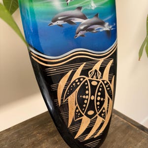 Hawaiian Hand Made 20" Carved Wood Surfboard Home Decor Engraved Turtle ...