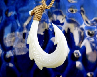 Hawaiian Fishhook Necklace Carved From Buffalo Bone 2"Tall .with Adjustable cord 