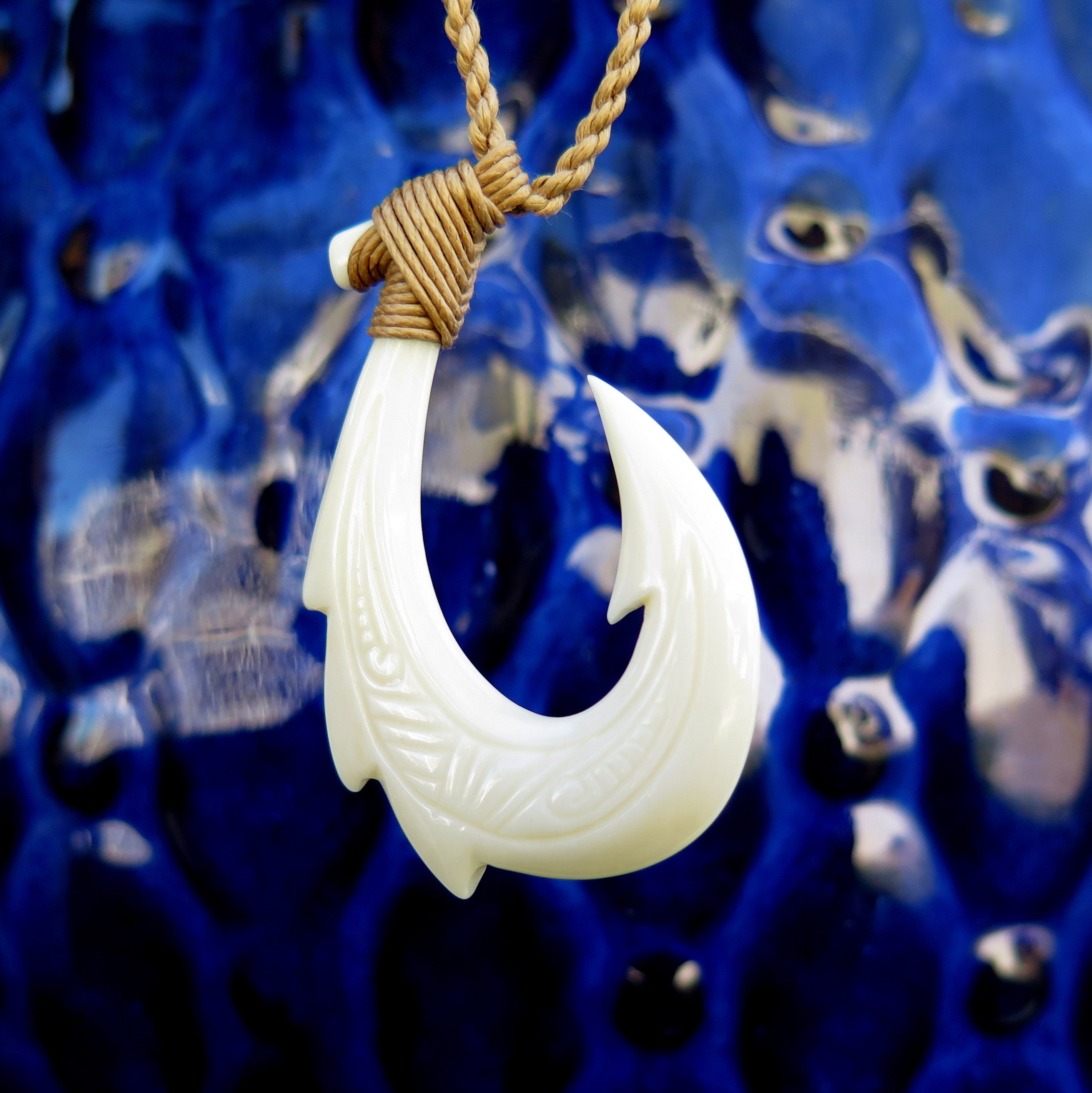 Hawaiian Jewelry Hand Carved Tattoo Fish Hook White Buffalo Bone, Bone Fish Hook