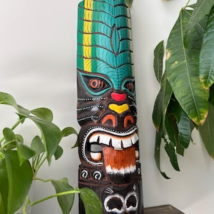Hawaiian Hand Made Carved Wooden 19.5&quot; Painted Tiki Mask Plaques Wall Decor Hanging Tiki Bar Man Cave