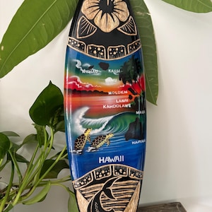 Hawaiian Hand Made 20&quot; Carved Wood Surfboard Home Decor Engraved Hibiscus Airbrush w/ Turtle