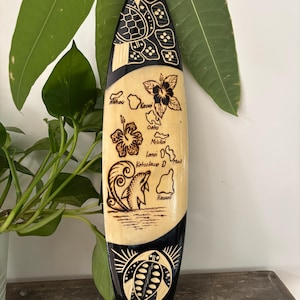 Hawaiian Hand Made 16&quot; Carved Burned Wood Surfboard Home Decor Engraved Honu Island Map