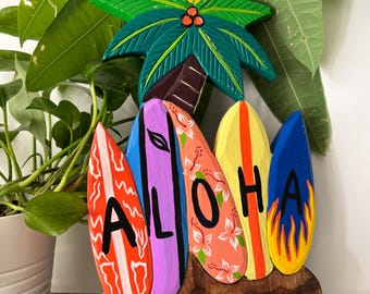 Hawaii Hand Made Wall Hanging Decor Plaque Wood Sign Aloha Surfboard With Palm Tree