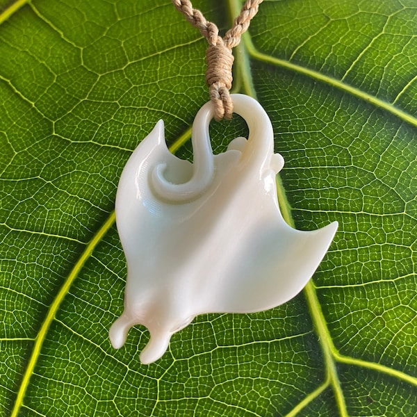 Manta Ray Genuine White Buffalo Bone Hawaiian Jewelry Pendant with Adjustable Braided Cord Necklace