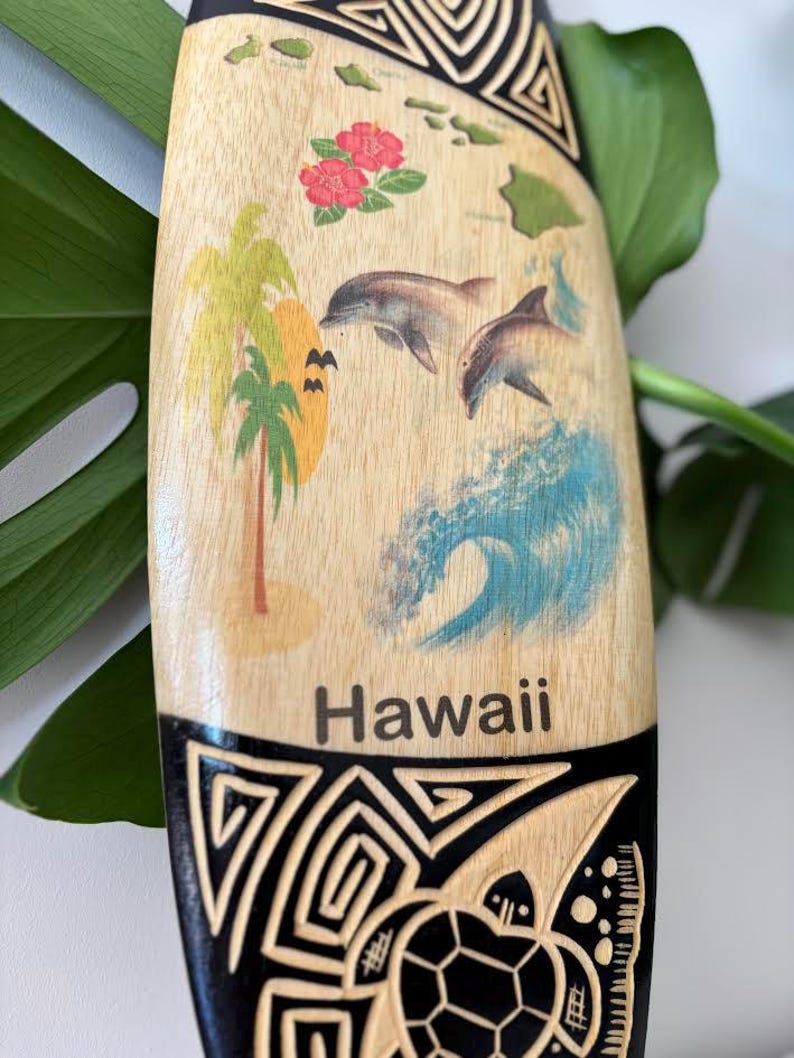 Hawaiian Hand Made 19.5" Carved Airbrushed Wood Surfboard Home Decor ...