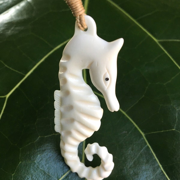 Seahorse Genuine White Buffalo Bone Carved Pendant with Adjustable Cord Necklace