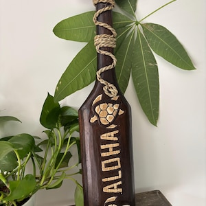 Hawaiian Hand Made 21&quot; Carved Out Wood Paddle Home Decor Engraved Turtle Aloha