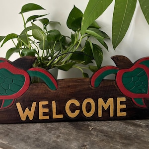 Hawaii Hand Made 19&quot; Home Wall Decor Hanging Wood Sign &quot;Welcome&quot; w/ Turtle