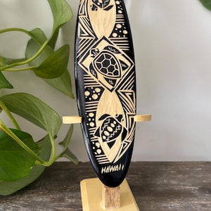 Hawaiian Hand Made 8" Carved Black Wood Surfboard w/ Display Stand Engraved Tribal Turtle Honu
