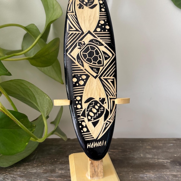 Hawaiian Hand Made 8" Carved Black Wood Surfboard w/ Display Stand Engraved Tribal Turtle Honu