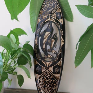 Hawaiian Hand Made 20&quot; Carved Out Wood Surfboard Home Decor Engraved Dolphin
