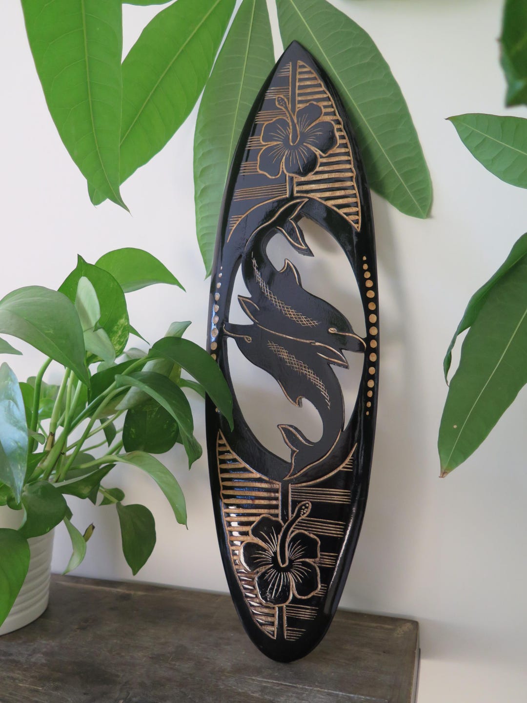 Hawaiian Hand Made 20" Carved Out Wood Surfboard Home Decor Engraved ...