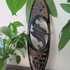 Hawaiian Hand Made 20&quot; Carved Out Wood Surfboard Home Decor Engraved Dolphin