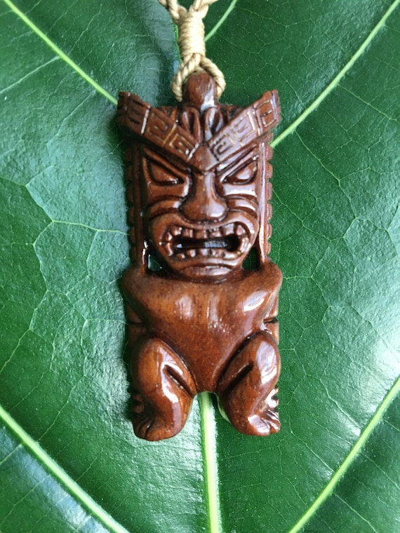 Koa Wood Hawaiian Tiki Man Polynesian Necklace Pendant Jewelry with Adjustable Cord