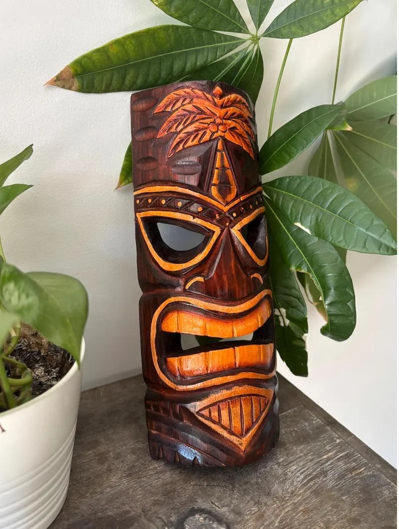 Hawaiian Hand Made Carved Wooden 12" Tiki Mask Wall Decor Hanging Tiki ...