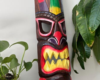Hawaiian Hand Made Carved Wooden 19.5" Painted Tiki Mask Plaques Wall Decor Hanging Tiki Bar Man Cave