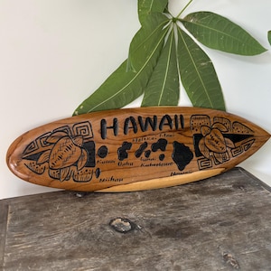 Hawaiian Hand Made Wall Hanging 20&quot; Carved Teakwood Surfboard Home Decor Engraved Turtle Island Map