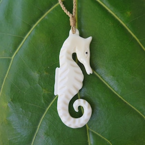 Seahorse Genuine White Buffalo Bone Carved Pendant with Adjustable Cord Necklace