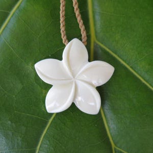 Plumeria Hawaiian Flower White Buffalo Bone Carved Pendant with Adjustable Braided Cord Necklace