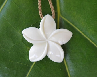 Plumeria Hawaiian Flower White Buffalo Bone Carved Pendant with Adjustable Braided Cord Necklace