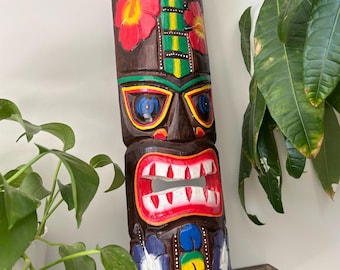 Hawaiian Hand Made Carved Wooden 19.5" Painted Tiki Mask Plaques Wall Decor Hanging Tiki Bar Man Cave