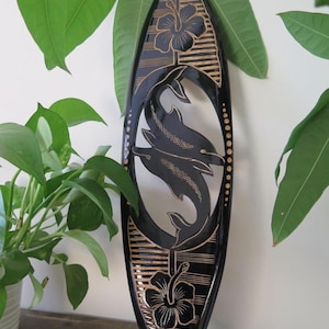 Hawaiian Hand Made 20&quot; Carved Out Wood Surfboard Home Decor Engraved Turtle Dolphin Hibiscus
