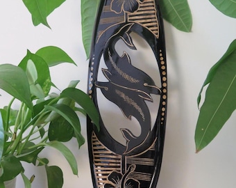 Hawaiian Hand Made 20&quot; Carved Out Wood Surfboard Home Decor Engraved Turtle Dolphin Hibiscus