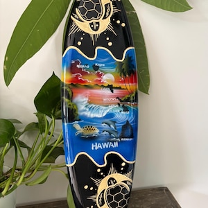 Hawaiian Hand Made 20&quot; Carved Wood Surfboard Home Decor Engraved Turtle Airbrush w/ Sealife