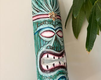 Hawaiian Hand Made Carved Wooden 19.5" Painted Tiki Mask Plaques Wall Decor Hanging Tiki Bar Man Cave