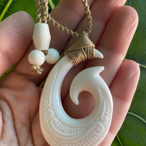 Hawaiian Jewelry Hand Carved Tattoo Fish Hook White Buffalo Bone, Bone Fish Hook