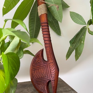 Hawaiian Engraved Hand Made Wall Decor Solid Wood Polynesian Tribal Carved Axe Club
