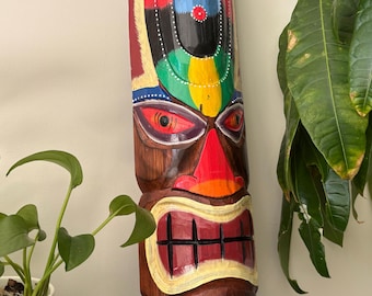Hawaiian Hand Made Carved Wooden 19.5" Painted Tiki Mask Plaques Wall Decor Hanging Tiki Bar Man Cave