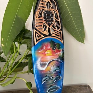 Hawaiian Hand Made 16&quot; Carved Wood Surfboard Home Decor Engraved Honu w/ Airbrush Dolphin