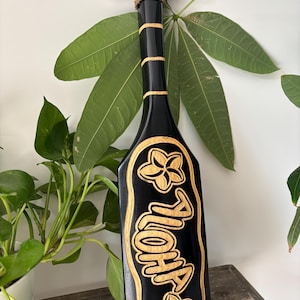 Hawaiian Hand Made 20&quot; Carved Out Wood Paddle Home Decor Engraved Plumeria Aloha