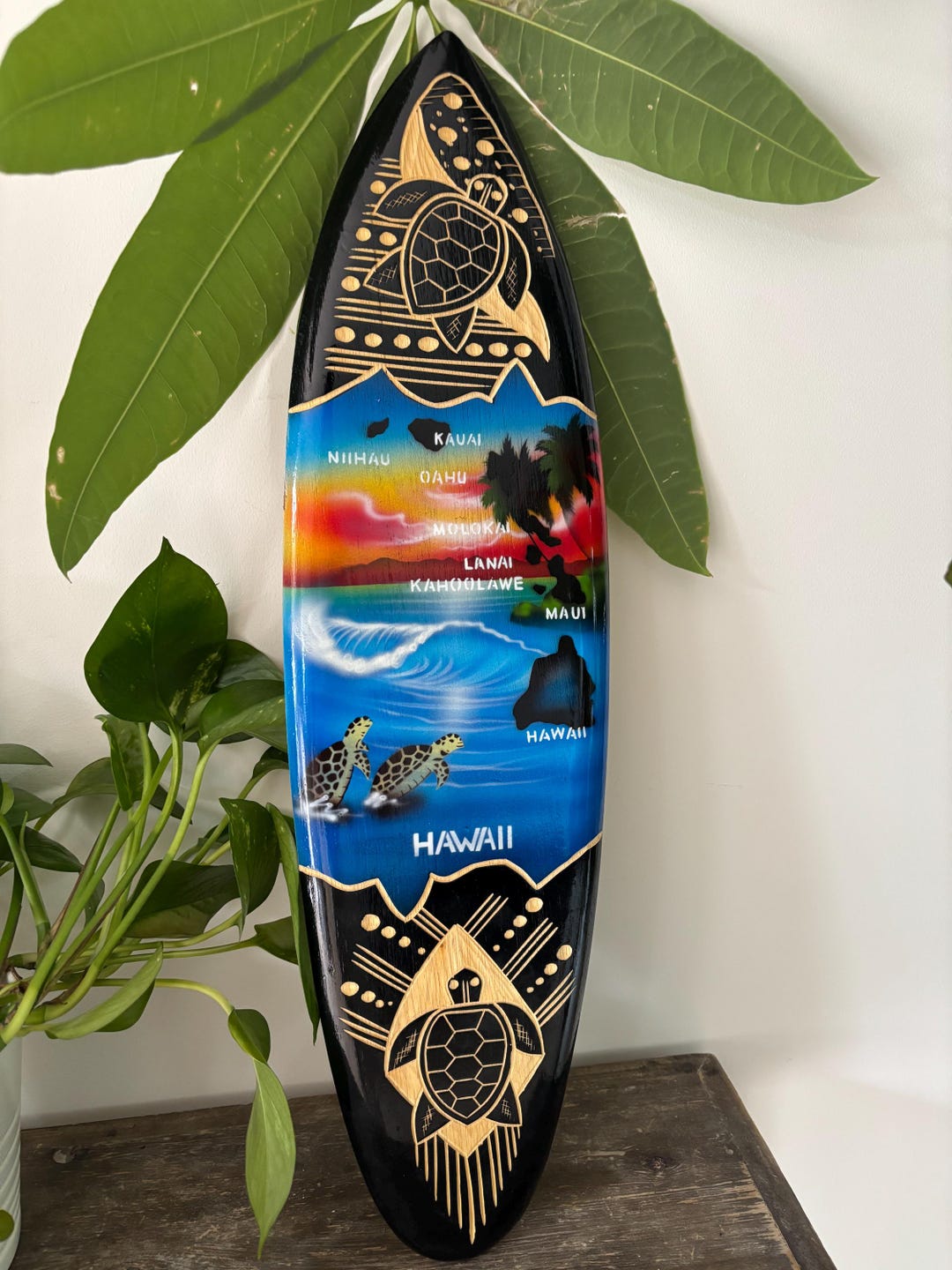 Hawaii Hand Made 20" Carved Wood Surfboard Home Decor Engraved Turtle ...