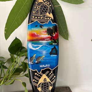 Hawaii Hand Made 20&quot; Carved Wood Surfboard Home Decor Engraved Turtle Airbrush w/ Turtle